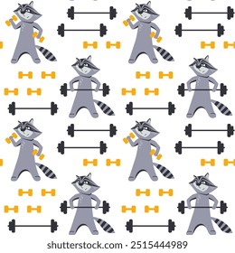 Vector seamless pattern with raccoons playing sports. Cute animals with a dumbbells and weight. Funny kids characters training. Healthy lifestyle wallpaper. Texture for textile.