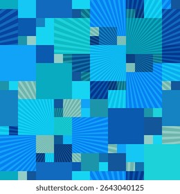 Vector seamless pattern with radiating beams over geometric squares in marine shades and Minecraft inspired vibe