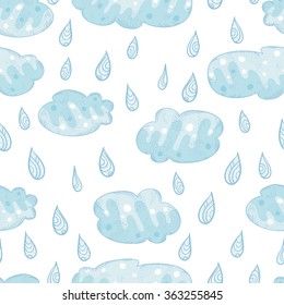 Vector seamless pattern with rain and clouds on white background. Doodle pattern with rain and clouds.  Pattern with blue clouds and blue drops of water. Rainy pattern. Rainy weather.