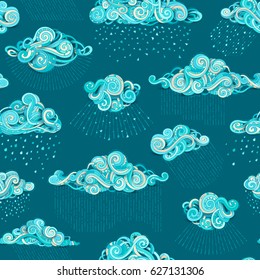 Vector seamless pattern of rain clouds. Hand-drawn clouds and rain drops on dark blue background. Cartoon boundless wet weather background.