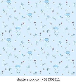Vector seamless pattern - rain, raining clouds, flowers, leaves, branches, spring season, autumn season
