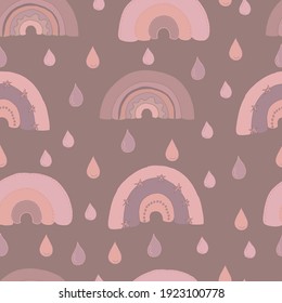 vector seamless pattern of rainbow and drops in dusty pink and beige tones. Trendy background, wallpaper, for fabrics, textiles, web pages, invitations, cards, print for children, boho style
