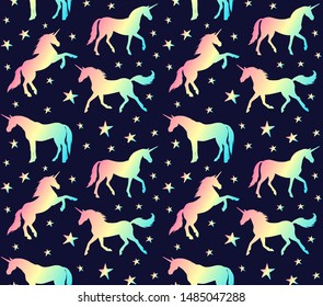Vector seamless pattern rainbow gradient unicorn silhouette isolated black background