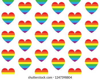 Vector seamless pattern of rainbow lgbt flag hearts isolated on white 