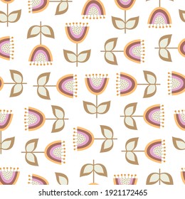 Vector seamless pattern of rainbow simple flowers. Print in style of flat, cartoon, doodle on theme of Easter, summer, spring, flowers