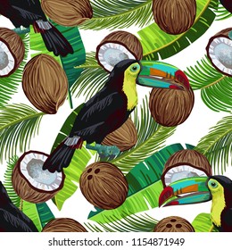 Vector seamless pattern with rainbow toucan, coconuts and palm leaves on white background. Realistic birds and plants. Colorful summer illustration.