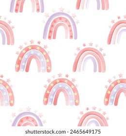 Vector seamless pattern with rainbows in boho style. Watercolor background with Scandinavian children's drawing.