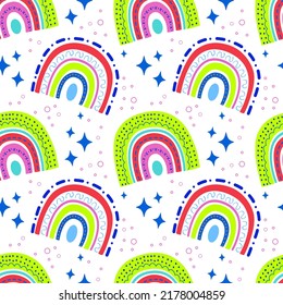 Vector seamless pattern with rainbows of bright colors with a beautiful ornament highlighted on a white background is ideal for children's posters.