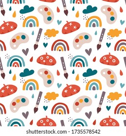 Vector seamless pattern with rainbows, brushes, color palettes, clouds, raindrops and hearts. Simple childish repeated texture. Bright kids background with artistic equipment. Scandinavian style.