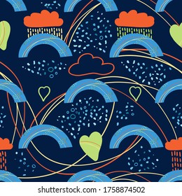 Vector seamless pattern with rainbows, clouds, hearts, lines. Cute stylish background for children design, paper, textile, decoration, nursery. Hand-drawn illustration in doodle style.