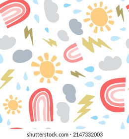 Vector Seamless Pattern with rainbows, clouds, drops, sun and lightning. Children vector illustration on white background.