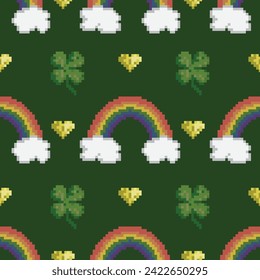 Vector seamless pattern with rainbows and clovers on green. St Patrick Day design. Pixel art