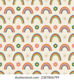 Vector seamless pattern with rainbows and daisies in a trendy groovey retro 70s style.Vector illustration for design and print