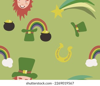 Vector seamless pattern with rainbows and leprechauns. St. Patrick's Day design. Background, wallpaper, paper or textile print