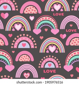 Vector seamless pattern from rainbows. Pink rainbows and hearts. Bright print for fabric, packaging, digital paper. Kids design, Valentine's Day, birthday, wedding, decor