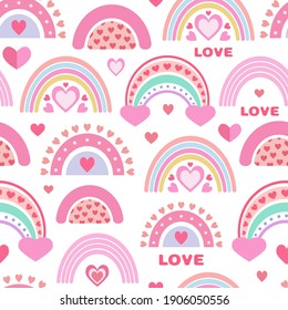 Vector seamless pattern from rainbows. Pink rainbows and hearts. Bright print for fabric, packaging, digital paper. Kids design, Valentine's Day, birthday, wedding, decor