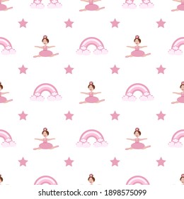 vector seamless pattern with rainbows, stars and ballerinas in pink tones