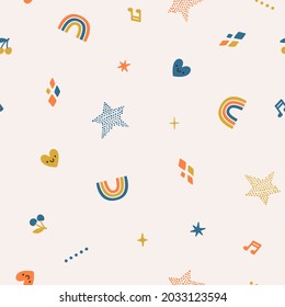 Vector seamless pattern with rainbows, stars, music notes and cute smiling hearts. Childish repeated texture with funny icons. Cute nursery print for baby fabric, wrapping paper. Retro wallpaper.