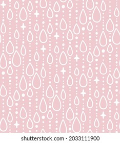 Vector seamless pattern with raindrops and sparkles. Repeated texture with hand-drawn elements. Pink gentle print for fabric and wrapping paper. Elegant background.