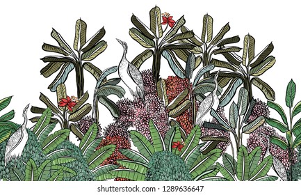 Vector Seamless Pattern RainForest Skyline Border Tropical Jungle with Exotic Birds Heron, Wildlife Outlines Pink Blooming Flowers