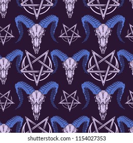 Vector seamless pattern with ram skulls and illustration of stylish pentagram in engraving technique.