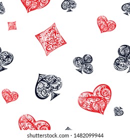Vector seamless pattern with rambling Playing Card suits symbols made by floral elements. Illustration in red, white and black colors for casino banner, poker background, gambling design, label