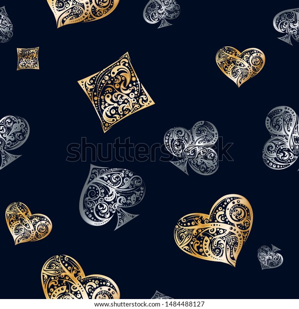 Vector seamless pattern with rambling Playing Card\
suits symbols made by floral elements. Illustration in golden,\
silver and black colors for casino banner, poker background,\
gambling design, label
