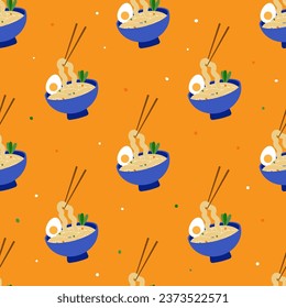 Vector seamless pattern ramen noodle in plate on orange background. Flat icon. Hot dish with pasta. Asian cuisine.