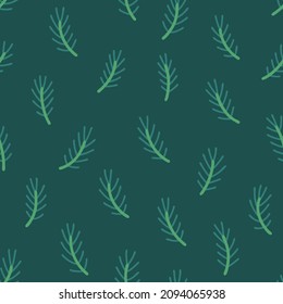 Vector seamless pattern with random  pine twigs on green background.