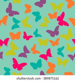 Vector seamless pattern with random purple, pink, orange, green butterflies on blue background. Vintage design for wrapping, textile, fabric, invitation, greeting, wedding cards, websites
