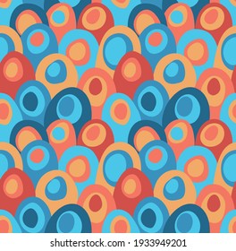 vector seamless pattern with random round form with simple ornament in middle in blue and orange colours