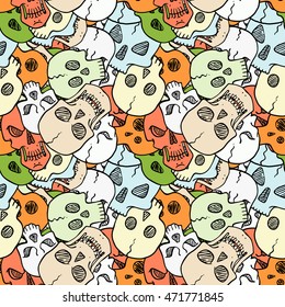 Vector seamless pattern with random skulls. Scary design.