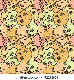 Vector seamless pattern with random skulls. Scary design.