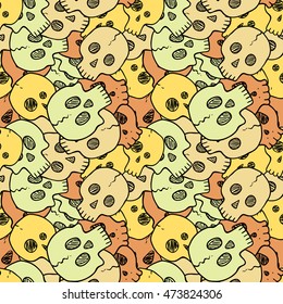 Vector seamless pattern with random skulls. Scary design.