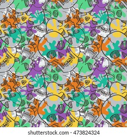 Vector seamless pattern with random skulls. Scary design.