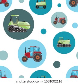 A vector seamless pattern with random vintage farm tractors with blue and green circle for printing. A stock illustration with ornament and flat machines for children and boys.