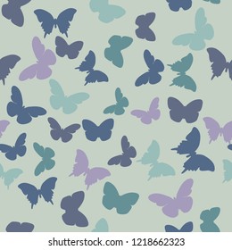 Vector seamless pattern with random violet,  grey,  blue, green butterflies on lilac background. Vintage elegant child baby design for wrapping, textile, fabric, invitation, greeting, wedding cards, w