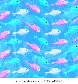 Vector seamless pattern with random wavy school of pink, blue and white fish on the flowing water background.