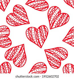 vector seamless pattern of randomly arranged red hearts drawn by hand in the doodle style with a pattern of lines and dots on a white background for the design template of invitations, postcards, text