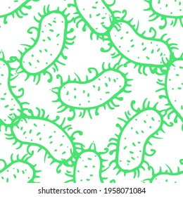 Vector seamless pattern of a randomly arranged oval bacterium with short tentacles with swirls drawn by hand with a green line in the style of a doodle on a white background for a design template