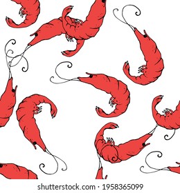 Vector seamless pattern of randomly arranged curved red shrimp with a black outline on a white background. a hand drawn shrimp in a sketch style with curved antennae black eyes and a texture of spots 