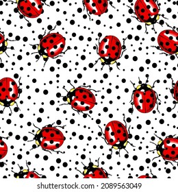 Vector seamless pattern of randomly scattered red ladybugs on black dotted white background.