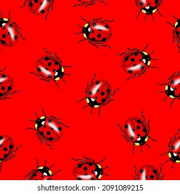 Vector seamless pattern of randomly scattered red ladybugs on red background.