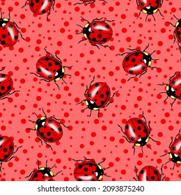 Vector seamless pattern of randomly scattered red ladybugs on pink and red polka dot background.