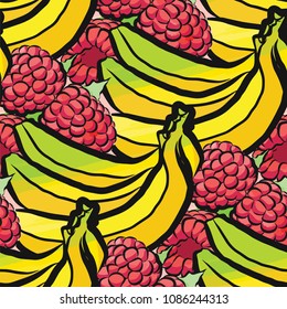 vector seamless pattern of raspberries and bananas. Hand-drawn and colored illustration