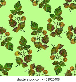 Vector seamless pattern with raspberries. Vector colored raspberry pattern. Summer template with yellow berries.