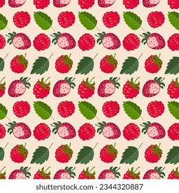 Vector seamless pattern with raspberries, strawberries and leaves. Summer seasonal background, wallpaper.
