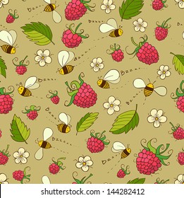 Vector seamless pattern with raspberry, bees and flower