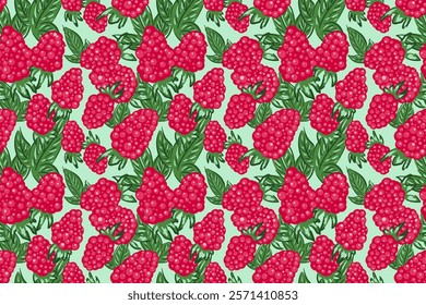 vector seamless pattern with raspberry berries and leaves. background for printing on textiles, on packaging. red green ornament.