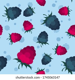 Vector seamless pattern with raspberry, blackberry and decorative geometric elements on blue background. Flat minimalistic image. Picture for packaging design of juice, smoothie, fruit ice cream.